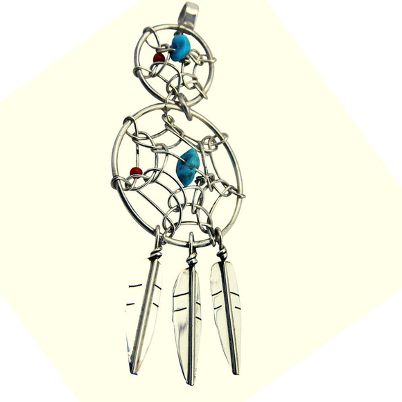 Sterling Silver Turquoise & Coral Pendant Dream Catcher Pendant by Navajo Artist - Picture 4 of 5